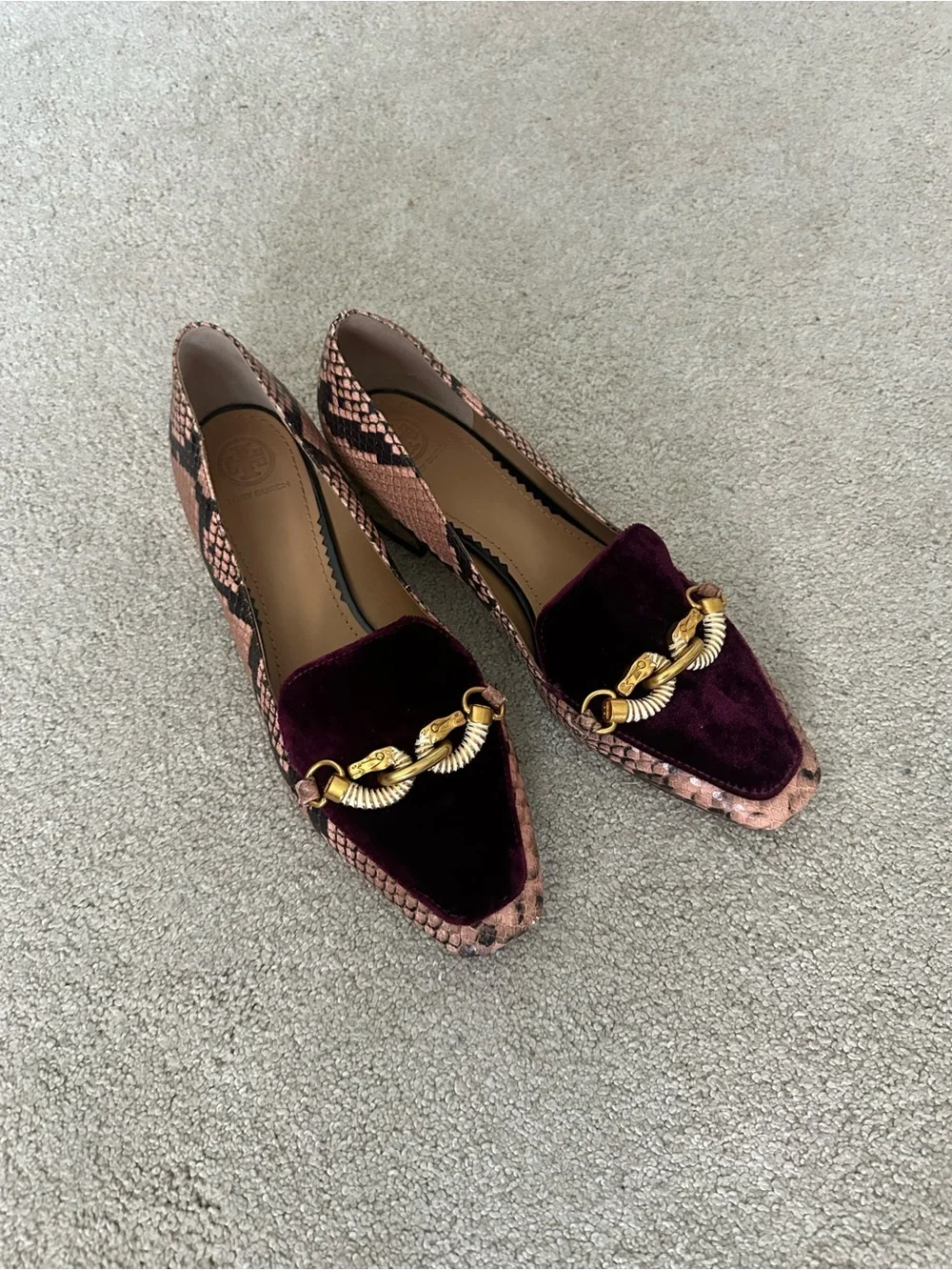 Tory Burch Women's Velvet and Snake-Print Loafers in Burgundy and Pink - Picture 1 of 12